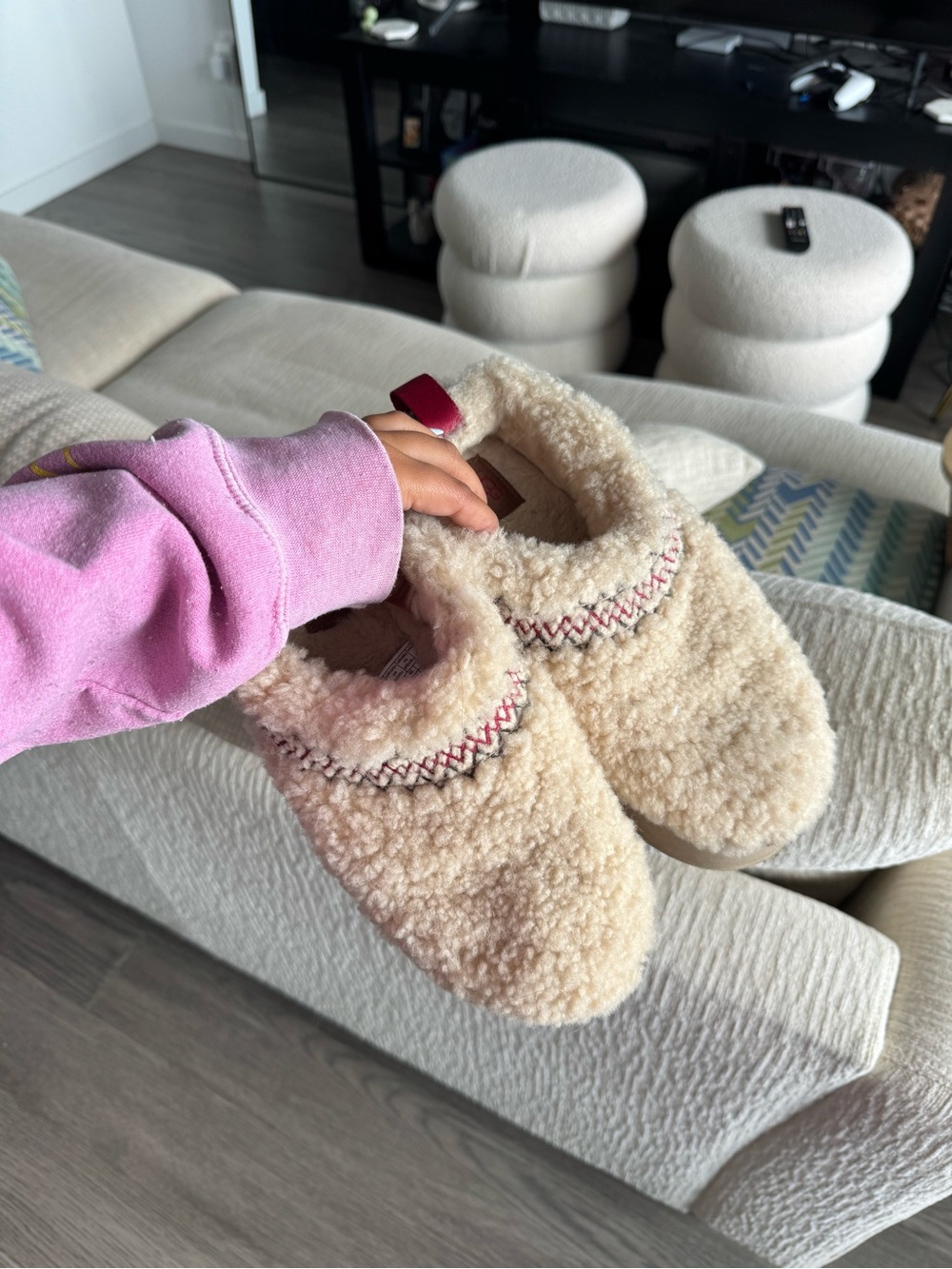 UGG Cream Sherpa Slip-On Slippers with Pink Accent